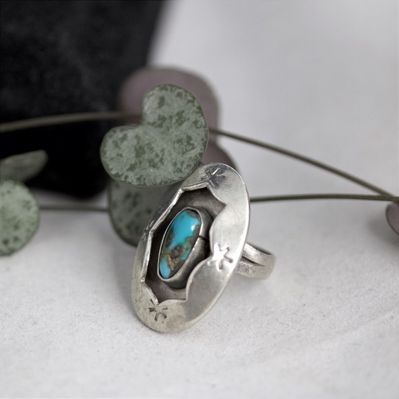 Native American Jewelry - Native American Sterling Silver Turquoise Oval Stamped Ring Size 6